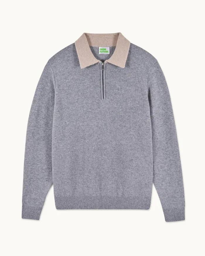 Men Cashmere Sweaters From Future TwoTone Polo Neck Zipper Sweater Dark Heather Gray