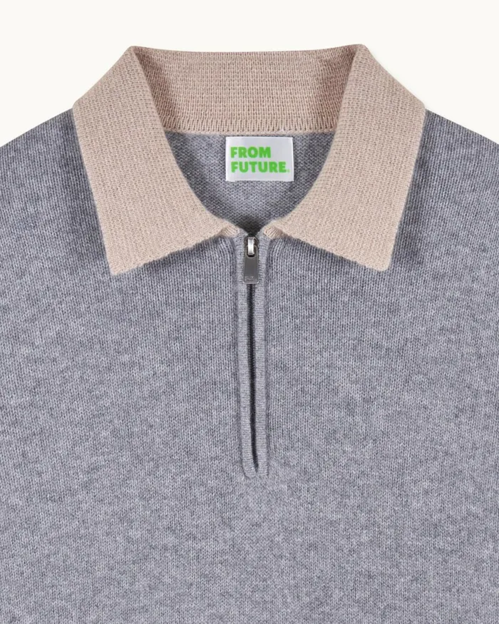 Men Cashmere Sweaters From Future TwoTone Polo Neck Zipper Sweater Dark Heather Gray