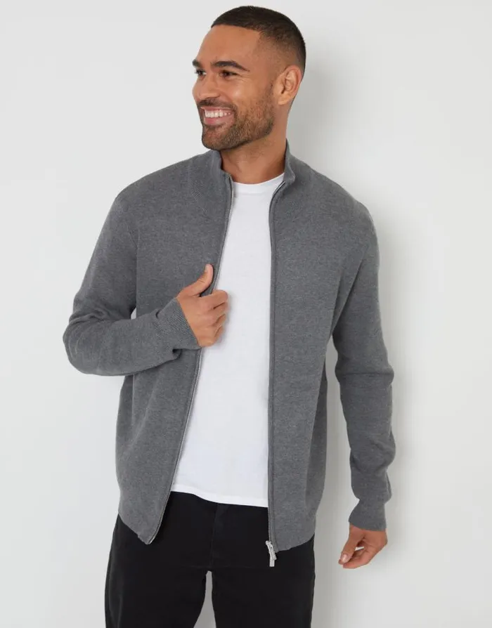 Men Charcoal Marl ZipThrough Funnel Neck Knitted Cardigan Threadbare Cardigans