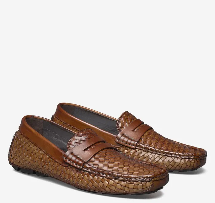 Men Dayton Woven Penny Loafer Brown Italian Calfskin JohnstonandMurphy SlipOns and Loafers