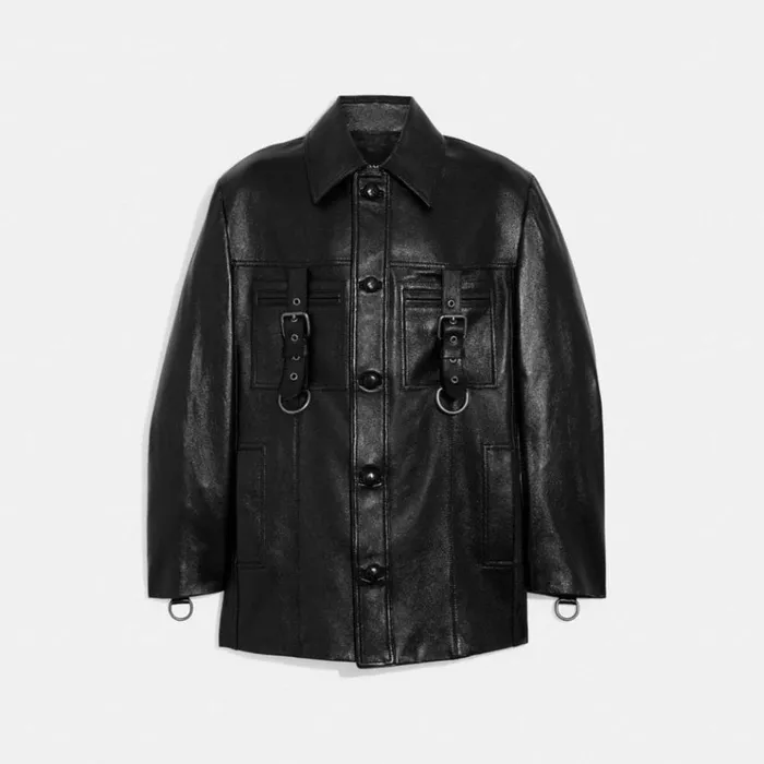 Men Jackets and Outerwear Coach Leather Buckle Shirt Jacket Black