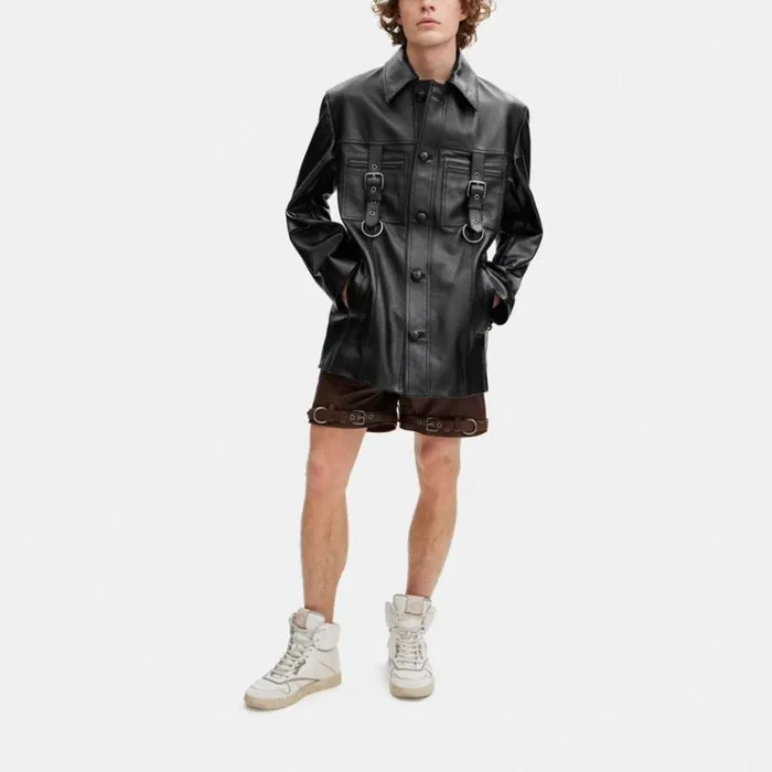 Men Jackets and Outerwear Coach Leather Buckle Shirt Jacket Black