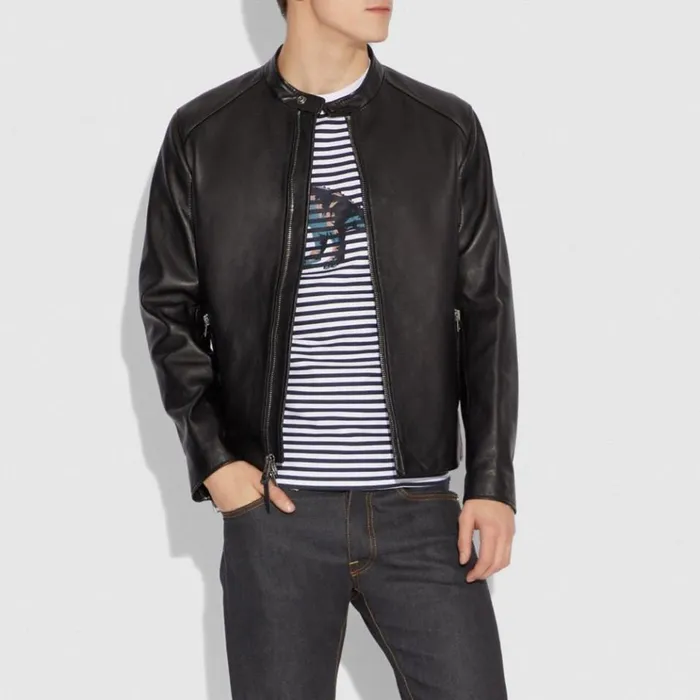 Men Jackets and Outerwear Coach Leather Racer Jacket Black