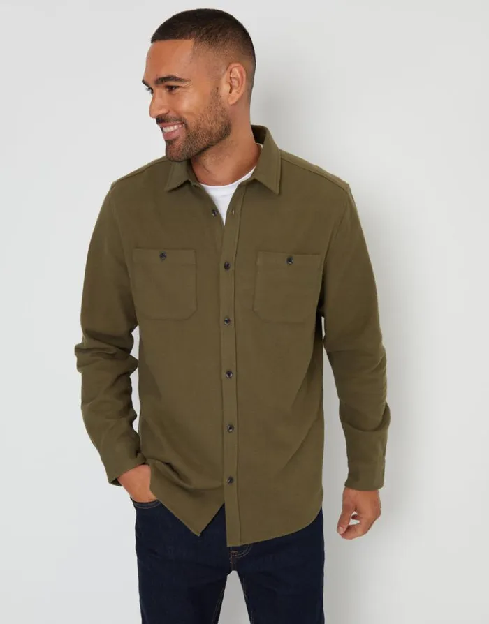 Men Khaki Brushed Flannel Cotton Long Sleeve Shirt Threadbare Shirts