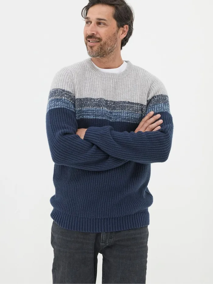 Men Knitwear Fat Face Hinton Navy Chest Stripe Crew Neck Jumper