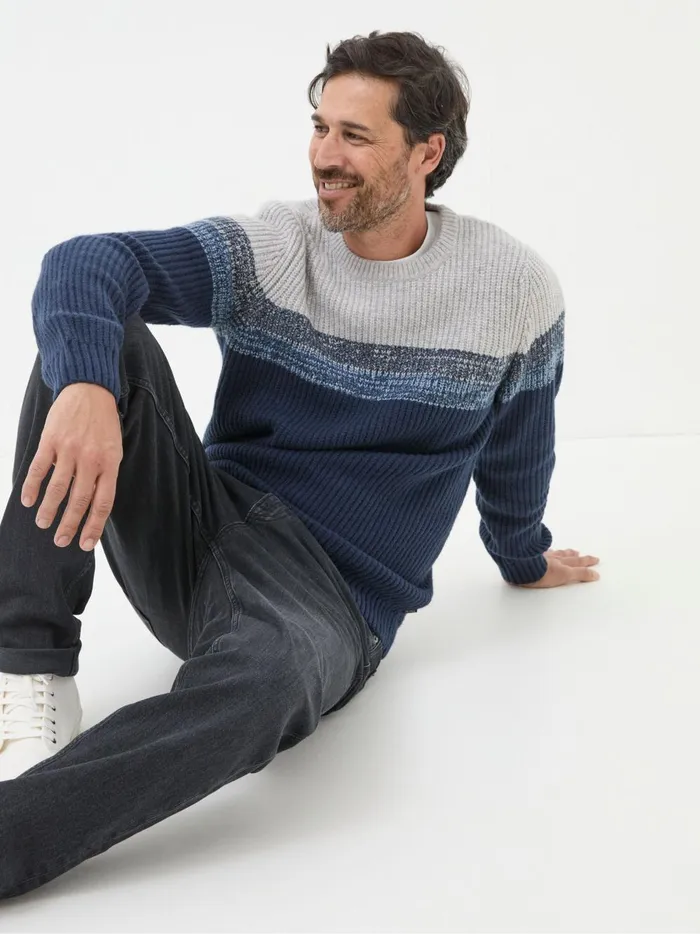 Men Knitwear Fat Face Hinton Navy Chest Stripe Crew Neck Jumper