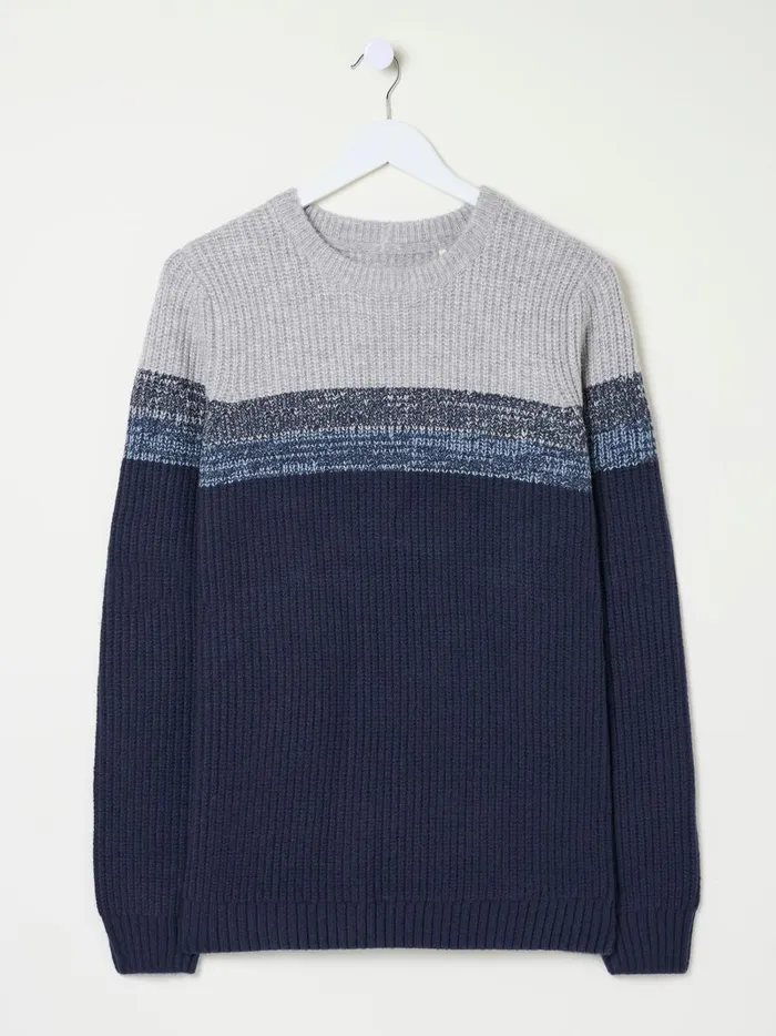 Men Knitwear Fat Face Hinton Navy Chest Stripe Crew Neck Jumper