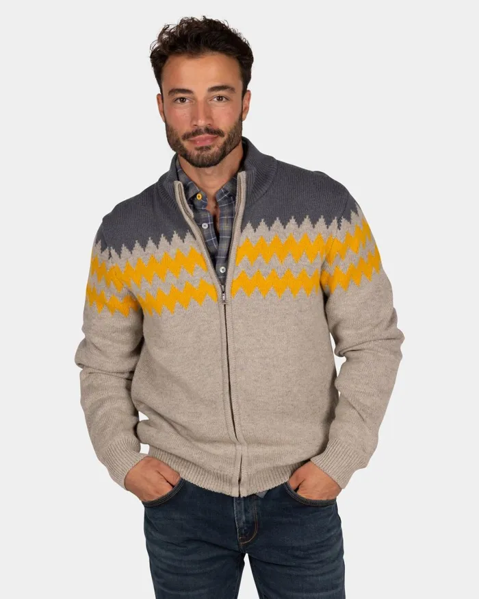 Men Knitwear NZA New Zealand Auckland Gray Wool Cardigan With Yellow Pattern 8211 Chestnut