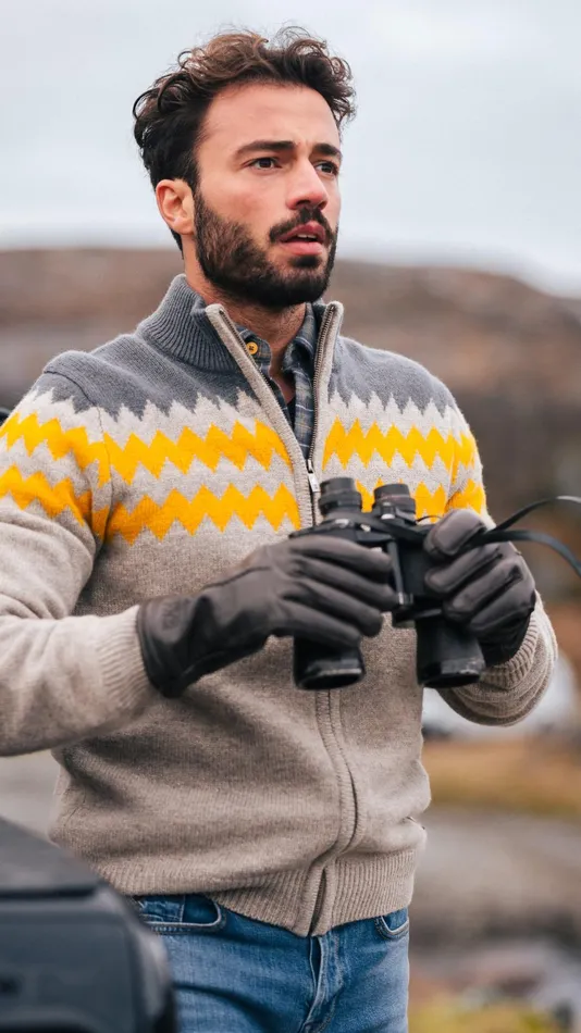 Men Knitwear NZA New Zealand Auckland Gray Wool Cardigan With Yellow Pattern 8211 Chestnut