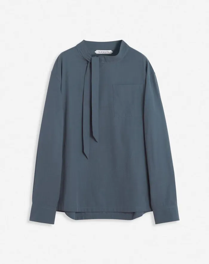 Men Lanvin Shirts Fluid Cotton Ascot Collar Top Steel