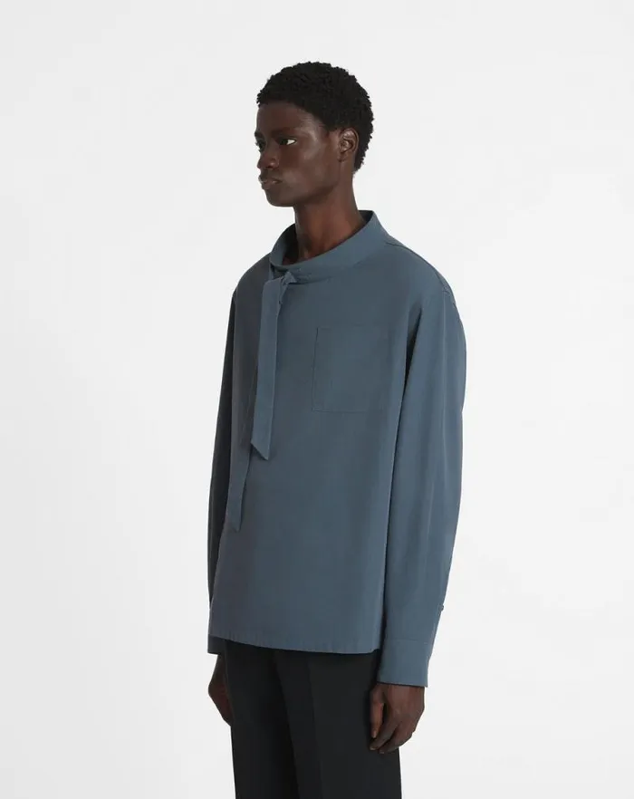 Men Lanvin Shirts Fluid Cotton Ascot Collar Top Steel Men Lanvin Shirts Fluid Cotton Ascot Collar Top Steel