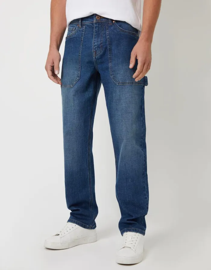 Men Mid Wash Stretch Straight Leg Carpenter Jeans Threadbare Straight Leg