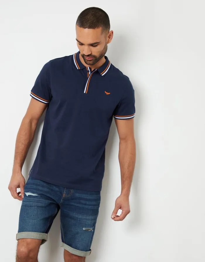 Men Navy Contrast Tipping Hidden Placket Polo Shirt Threadbare Polo Shirts