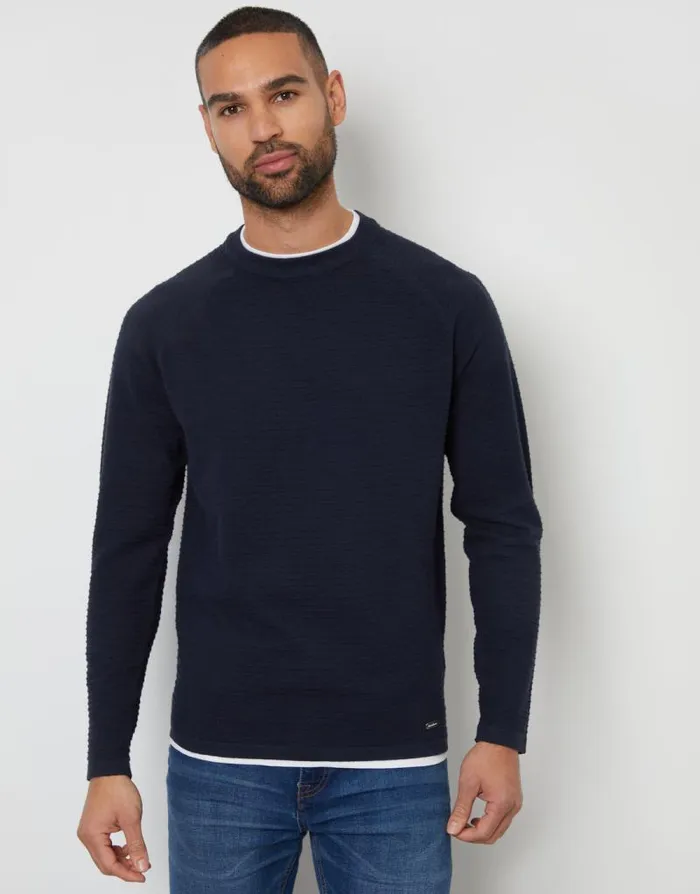 Men Navy Textured Raglan Mock TShirt Crew Neck Jumper Threadbare Jumpers