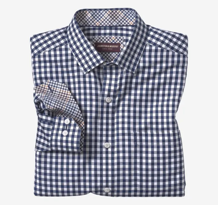 Men NonIron Dress Shirt Navy Twill Gingham JohnstonandMurphy Shirts