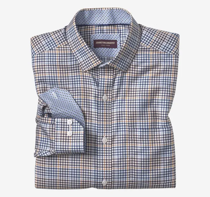 Men NonIron Dress Shirt White Multi Glen Plaid JohnstonandMurphy Shirts