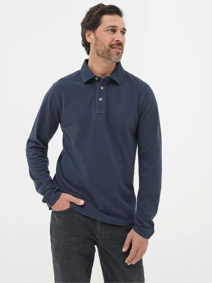 Men Polo Shirts Fat Face Navy Blue Long Sleeve Organic Pique Polo Shirt