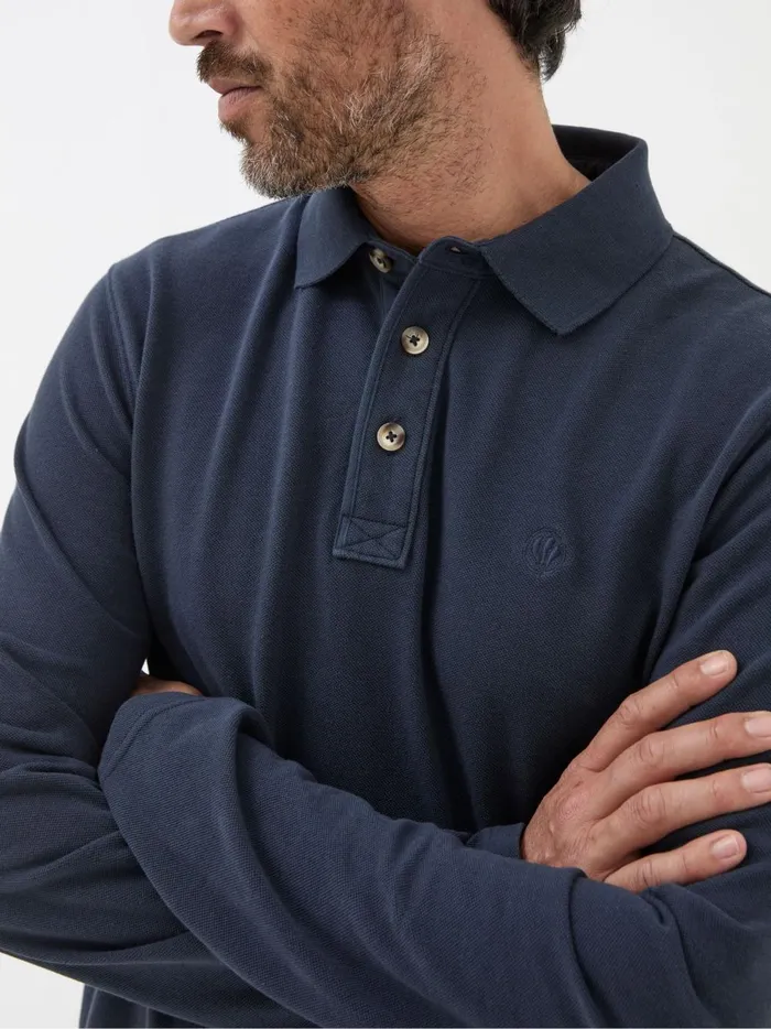 Men Polo Shirts Fat Face Navy Blue Long Sleeve Organic Pique Polo Shirt