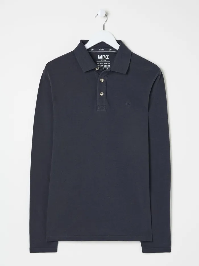 Men Polo Shirts Fat Face Navy Blue Long Sleeve Organic Pique Polo Shirt
