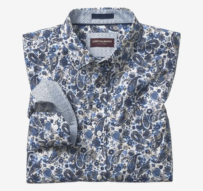 Men Printed Cotton Shirt Blue Watercolor Paisley JohnstonandMurphy Shirts