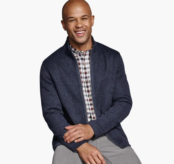 Men Ribbed Full Zip Sweater Navy JohnstonandMurphy Sweaters and Knits