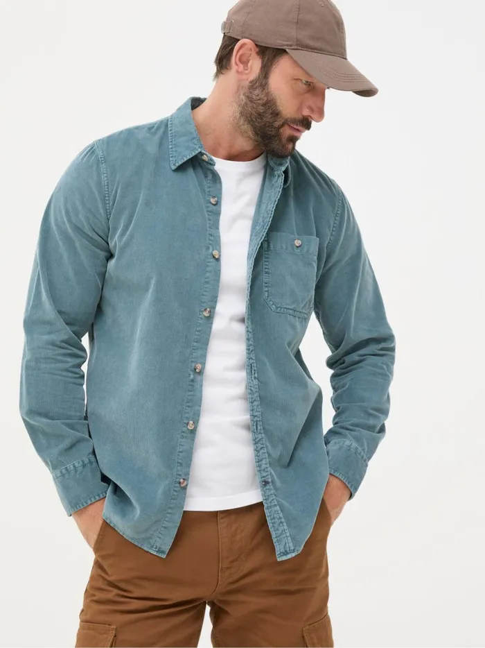 Men Shirts Fat Face Green Long Sleeve Cord Shirt