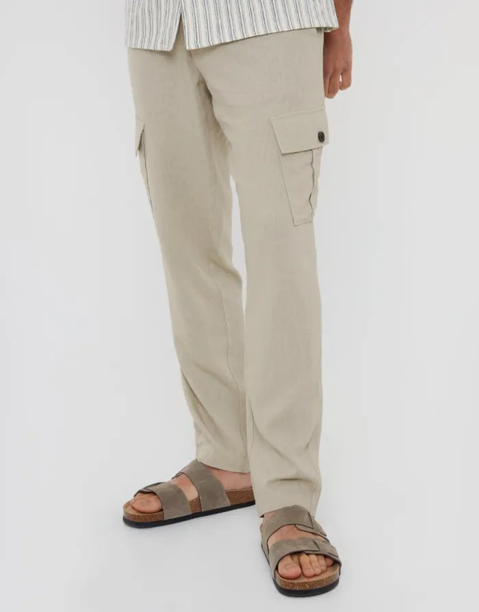 Men Stone Linen Blend Cargo Trousers Threadbare Cargo