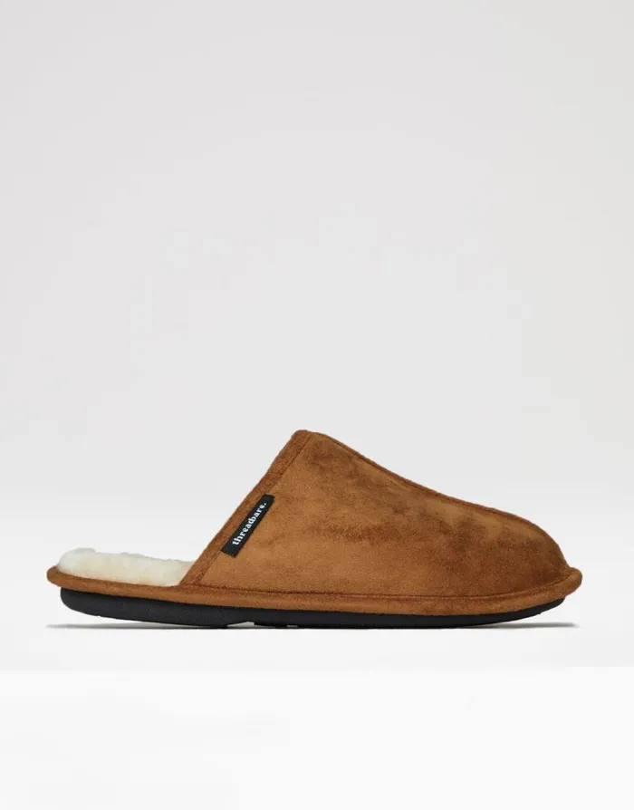 Men Tan Suedette Mule Slippers With Faux Fur Lining Threadbare Slippers