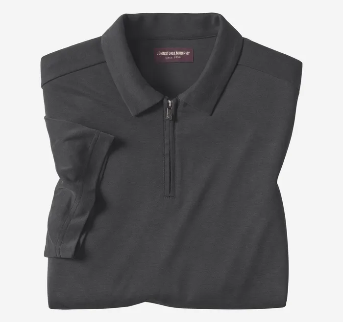 Men Vintage Birdseye Zip Polo Black JohnstonandMurphy Polos and Tees