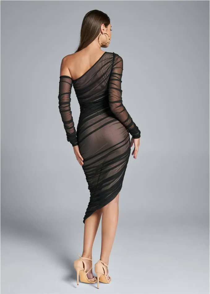 MESH RUCHED MIDI DRESS Black Women VENUS Midi Dresses