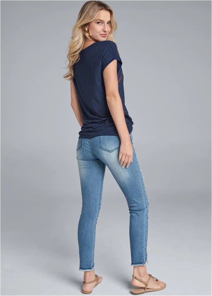 METALLIC PRINT TEE Navy and Gold Women VENUS Short Sleeve Tops
