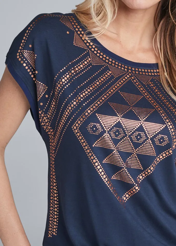 METALLIC PRINT TEE Navy and Gold Women VENUS Short Sleeve Tops