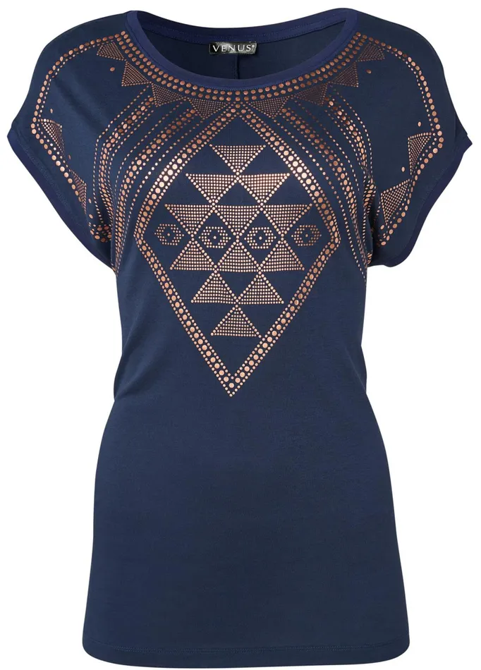 METALLIC PRINT TEE Navy and Gold Women VENUS Short Sleeve Tops