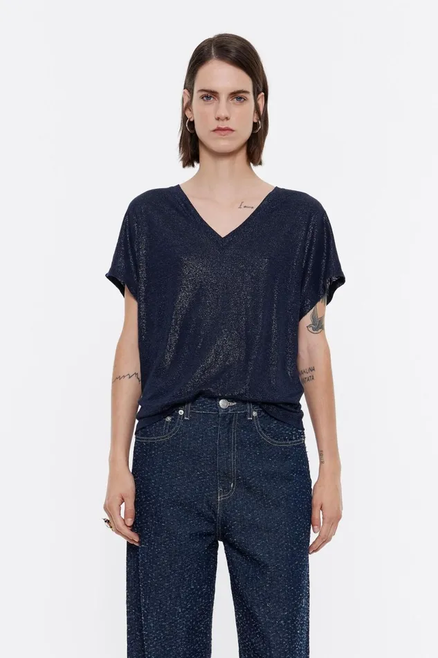 Navy Blue Lurex Tshirt Navy Women Bimba Y Lola TShirts