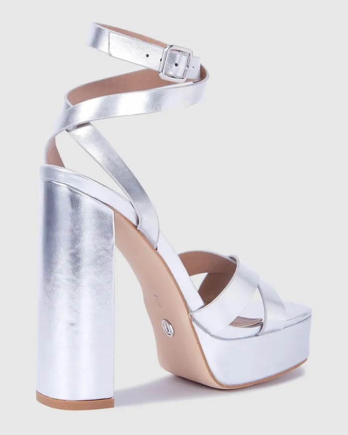 NOVO Shoes PAYTON Silver Metallic Block Heels Women Platforms