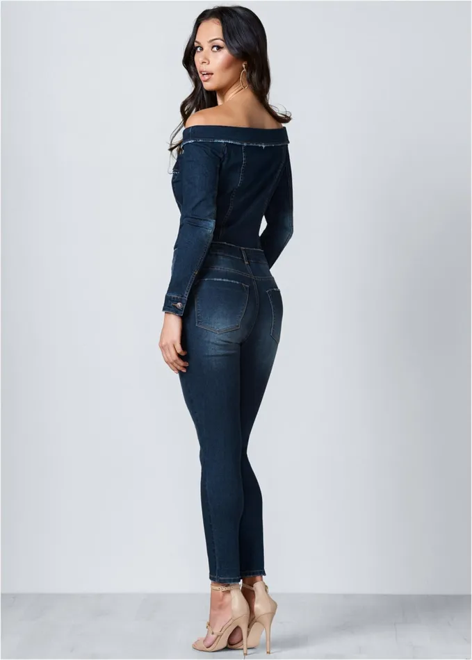 OffShoulder Denim Jumpsuit Dark Wash Women VENUS Casual Jumpsuits and Rompers