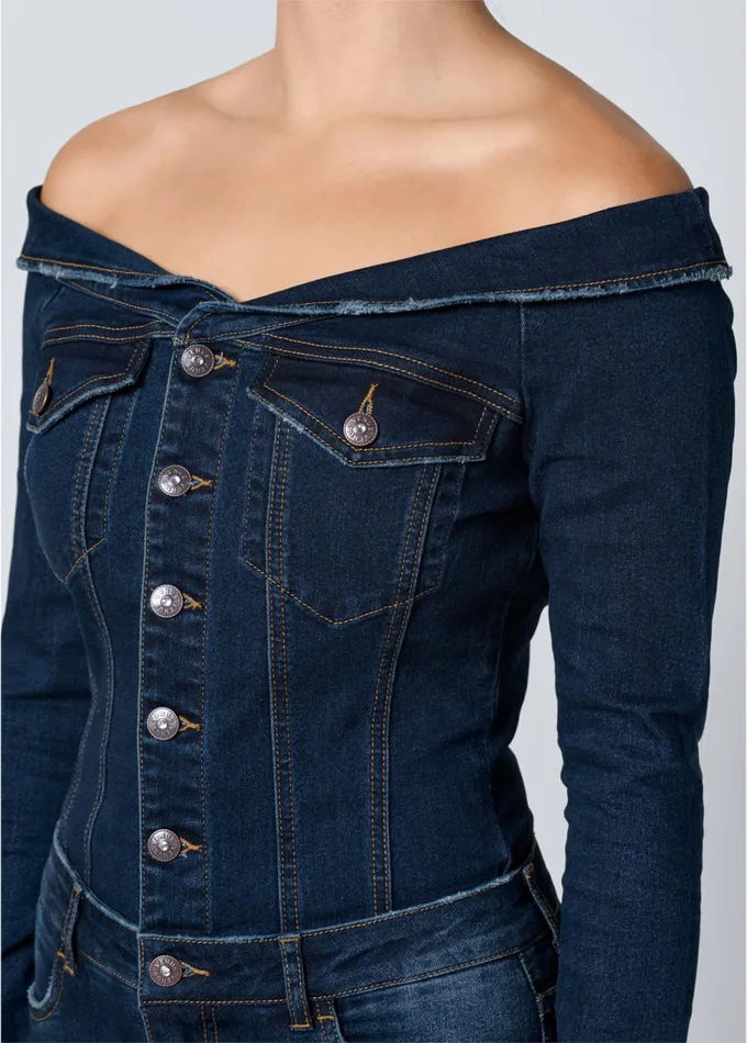 OffShoulder Denim Jumpsuit Dark Wash Women VENUS Casual Jumpsuits and Rompers