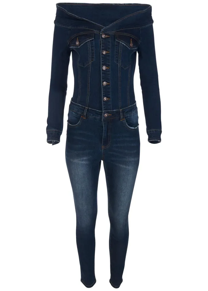 OffShoulder Denim Jumpsuit Dark Wash Women VENUS Casual Jumpsuits and Rompers