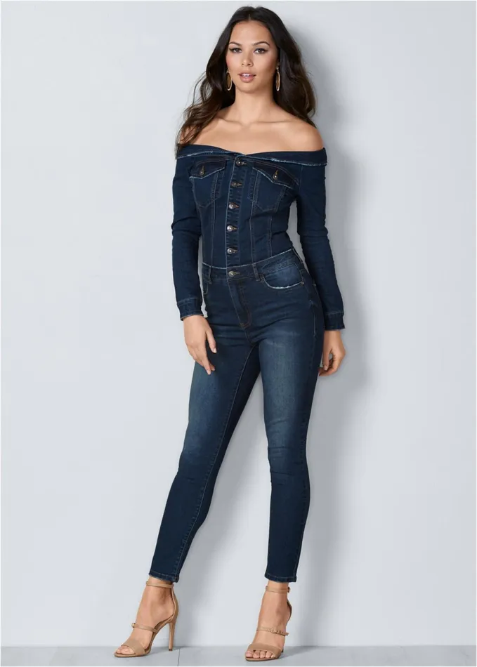 OffShoulder Denim Jumpsuit Dark Wash Women VENUS Casual Jumpsuits and Rompers