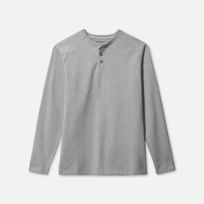 Organic Cotton Blend Long Sleeved Henley Tee Light Grey Men Kenneth Cole TShirts Polos