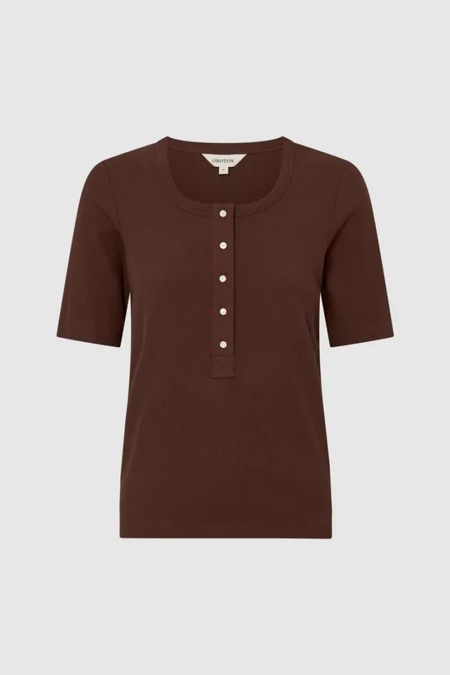 Oroton Margot Rib Henley Chocolate Women Tops