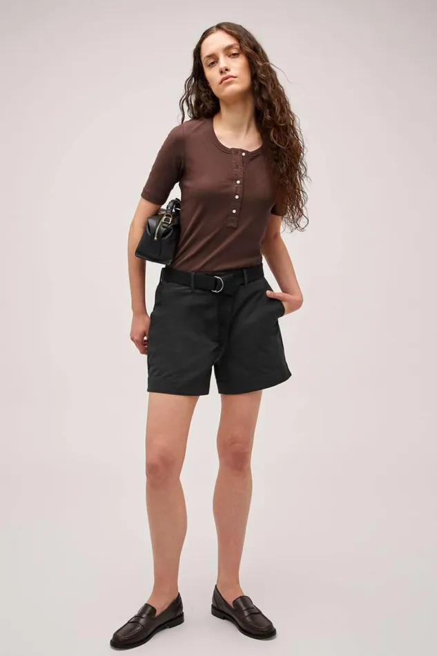 Oroton Margot Rib Henley Chocolate Women Tops Oroton Margot Rib Henley Chocolate Women Tops