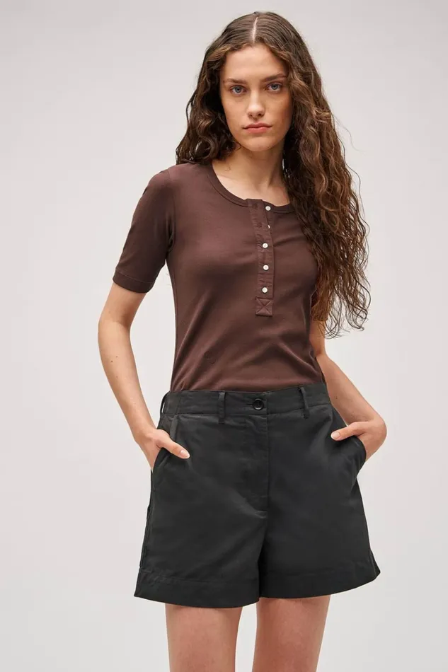 Oroton Margot Rib Henley Chocolate Women Tops Oroton Margot Rib Henley Chocolate Women Tops
