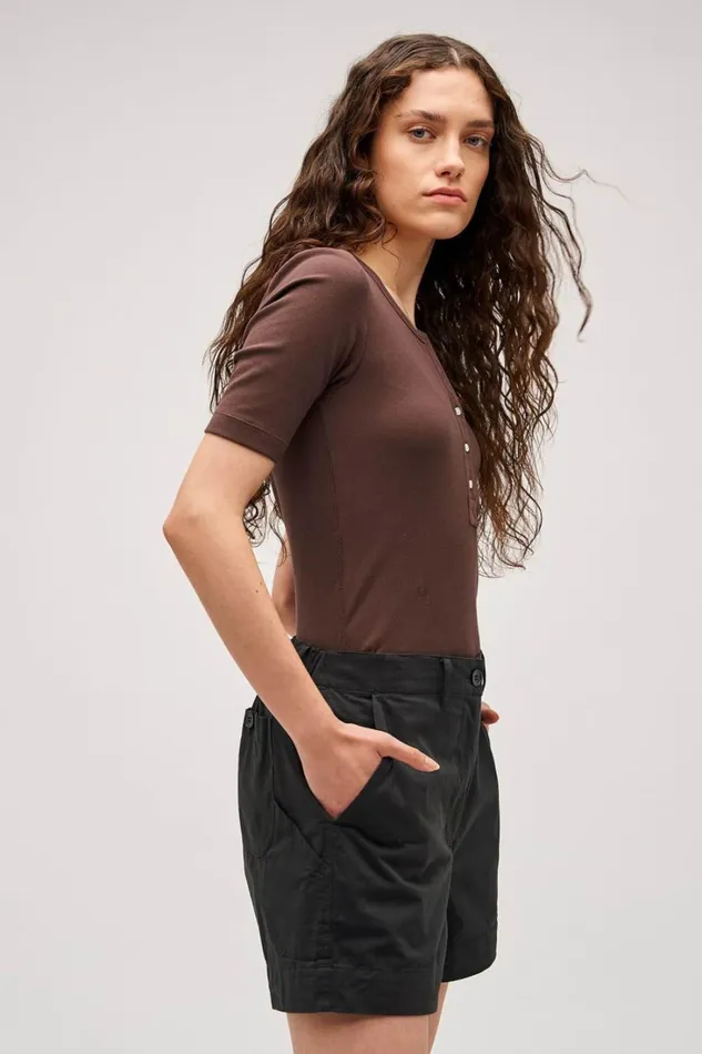Oroton Margot Rib Henley Chocolate Women Tops Oroton Margot Rib Henley Chocolate Women Tops