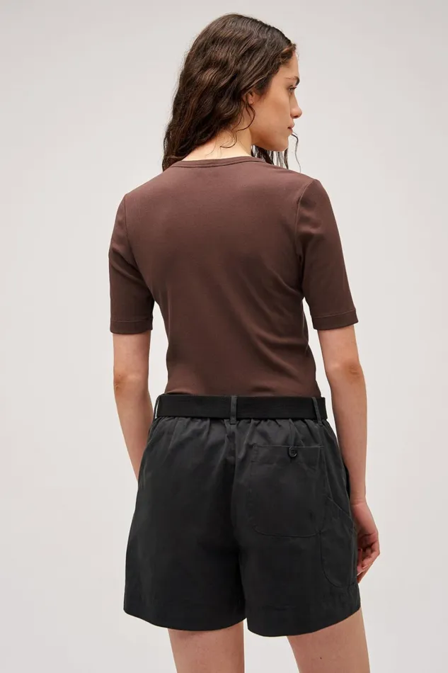 Oroton Margot Rib Henley Chocolate Women Tops Oroton Margot Rib Henley Chocolate Women Tops