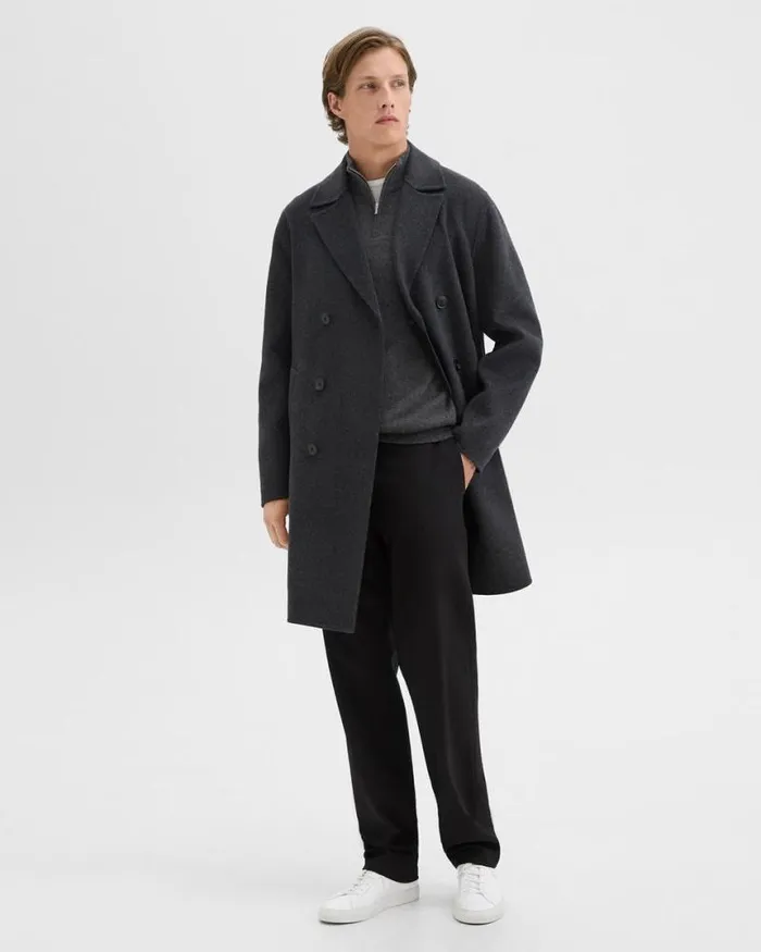 Outerwear Men Theory DoubleBreasted Coat In DoubleFace WoolCashmere Dark Charcoal Melange