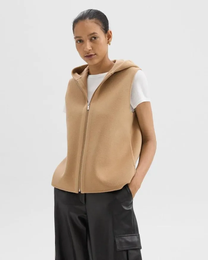 Outerwear Women Theory Hooded ZipUp Vest In DoubleFace WoolCashmere New Camel