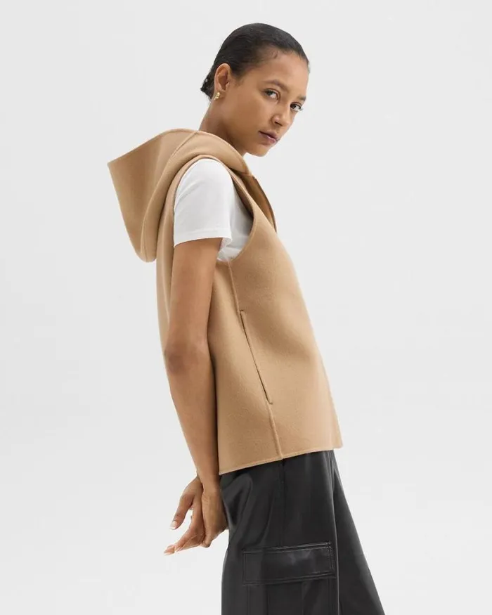 Outerwear Women Theory Hooded ZipUp Vest In DoubleFace WoolCashmere New Camel