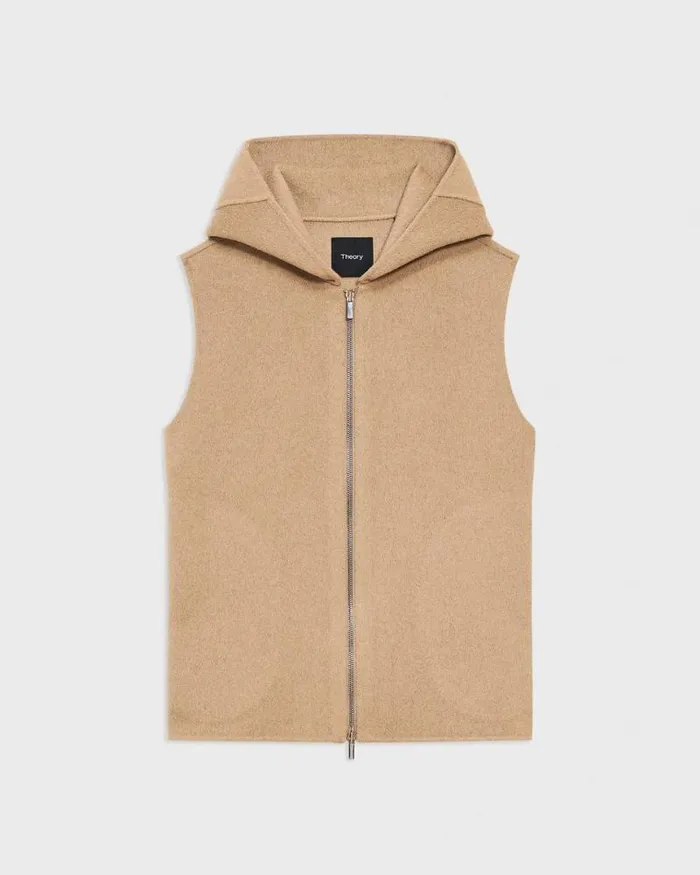 Outerwear Women Theory Hooded ZipUp Vest In DoubleFace WoolCashmere New Camel