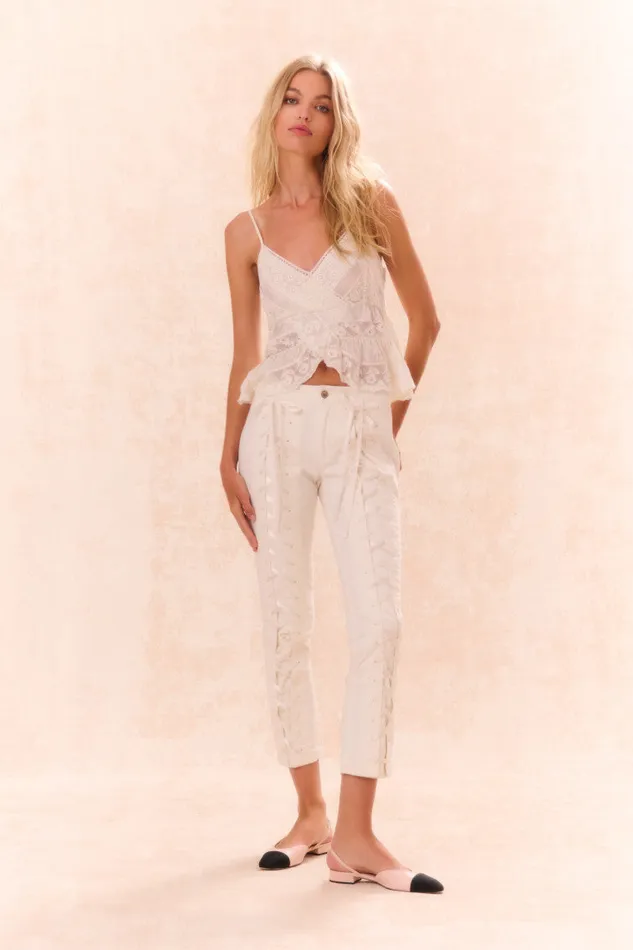 Pants and Shorts Women LoveShackFancy Doro Lace Up Bow Pants Cream